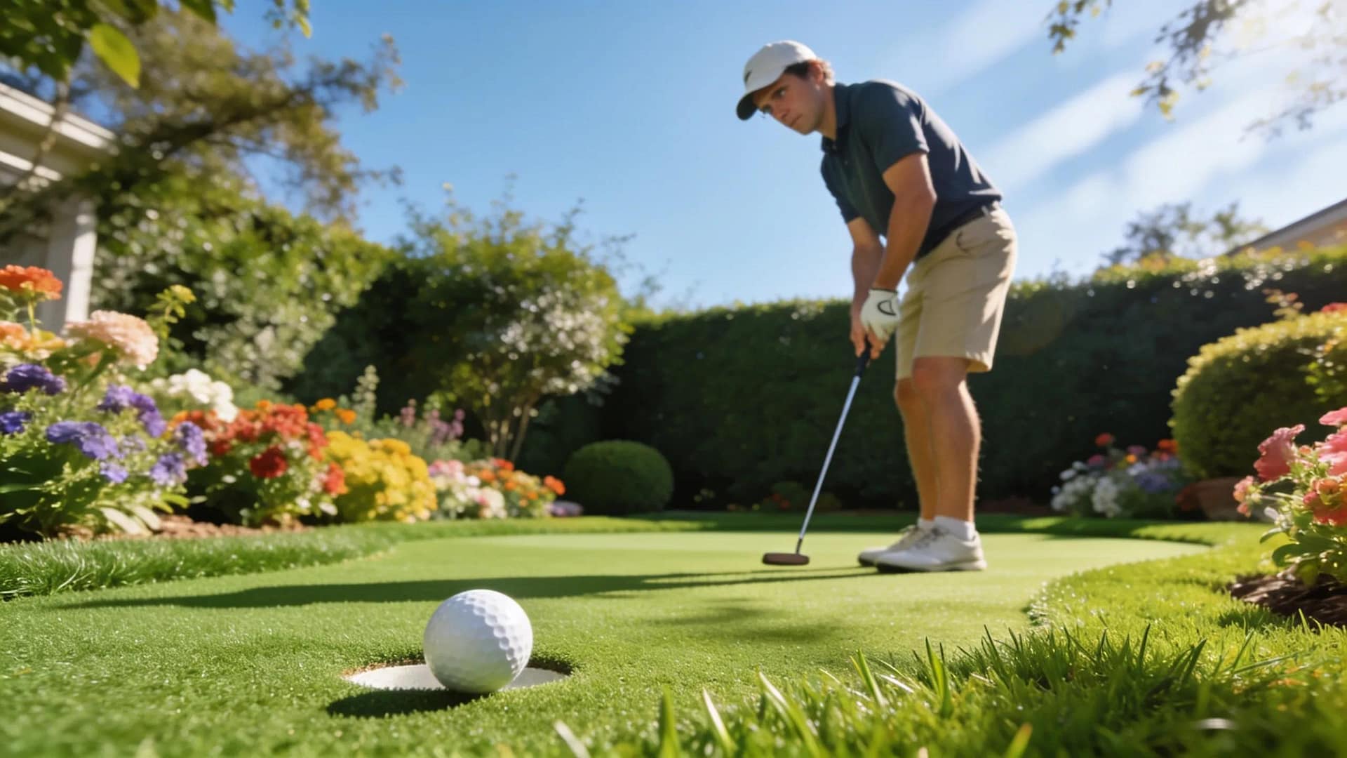 Installation process of a backyard putting green with tools and materials showcased