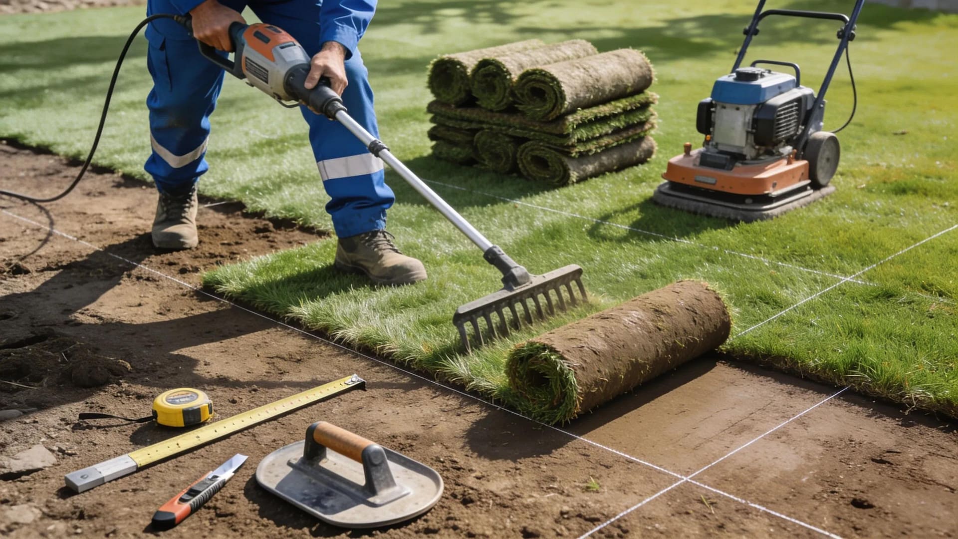Professional installer working on synthetic turf, demonstrating the installation process in a commercial setting