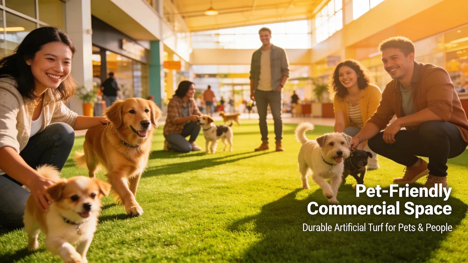 Pets enjoying artificial turf in a pet-friendly commercial space, demonstrating durability and appeal