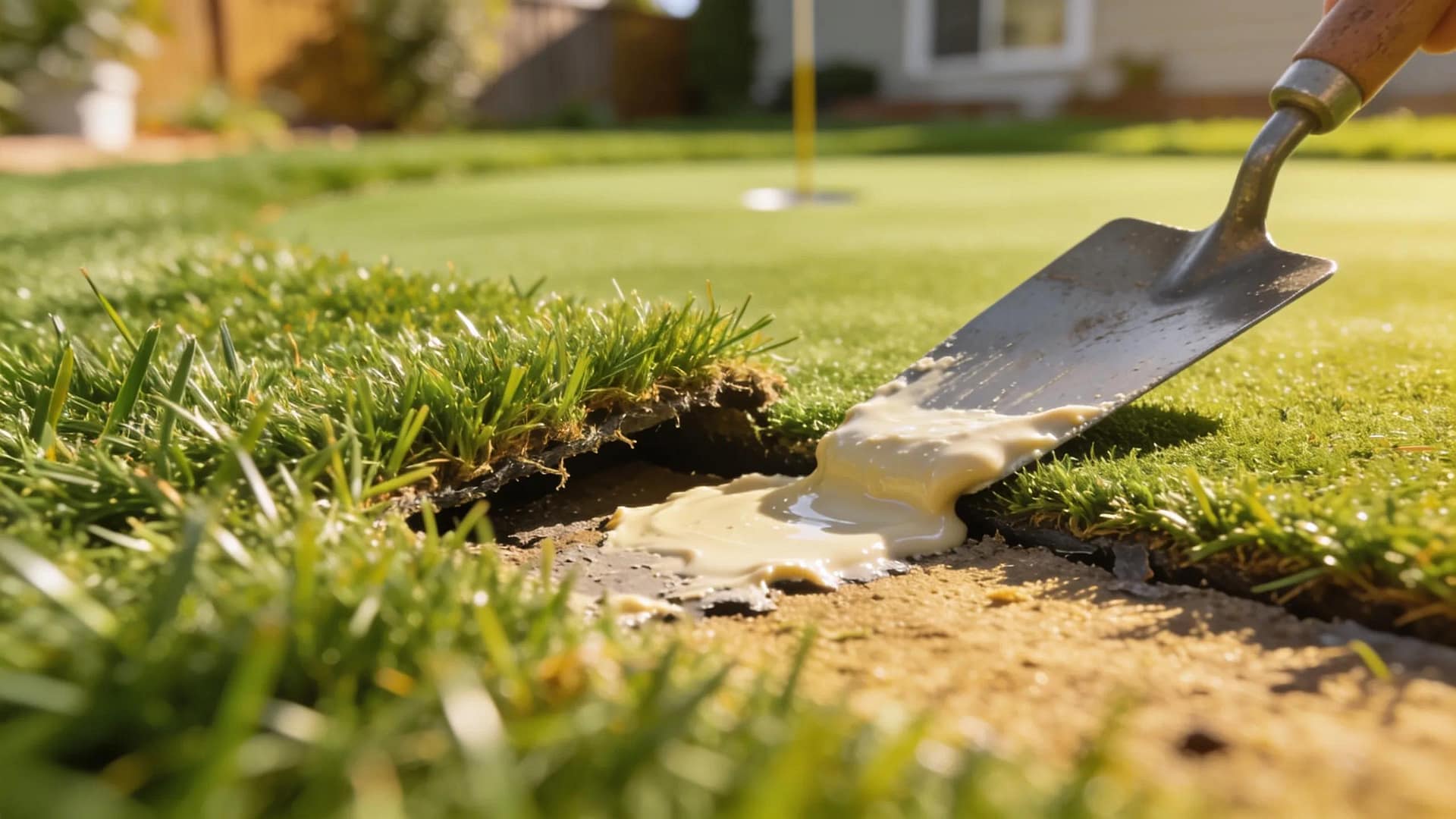 Close-up of re-seaming artificial turf on a putting green with adhesive, showing maintenance in action