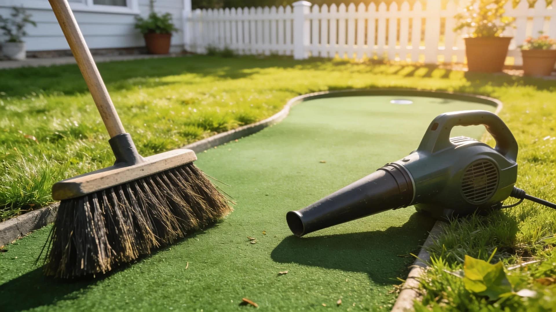 Tools for maintaining artificial turf, including a broom and leaf blower beside a clean putting green