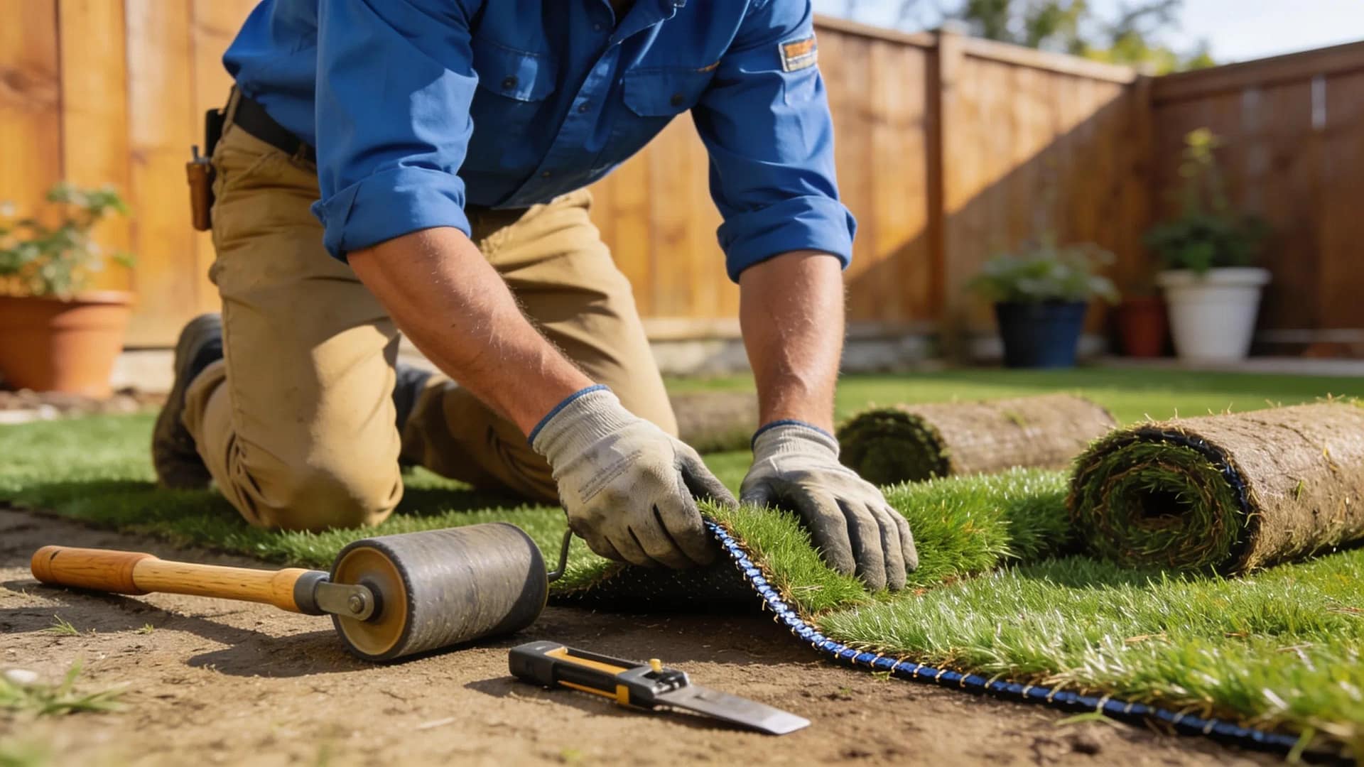 Professional installer laying artificial grass with tools in a backyard