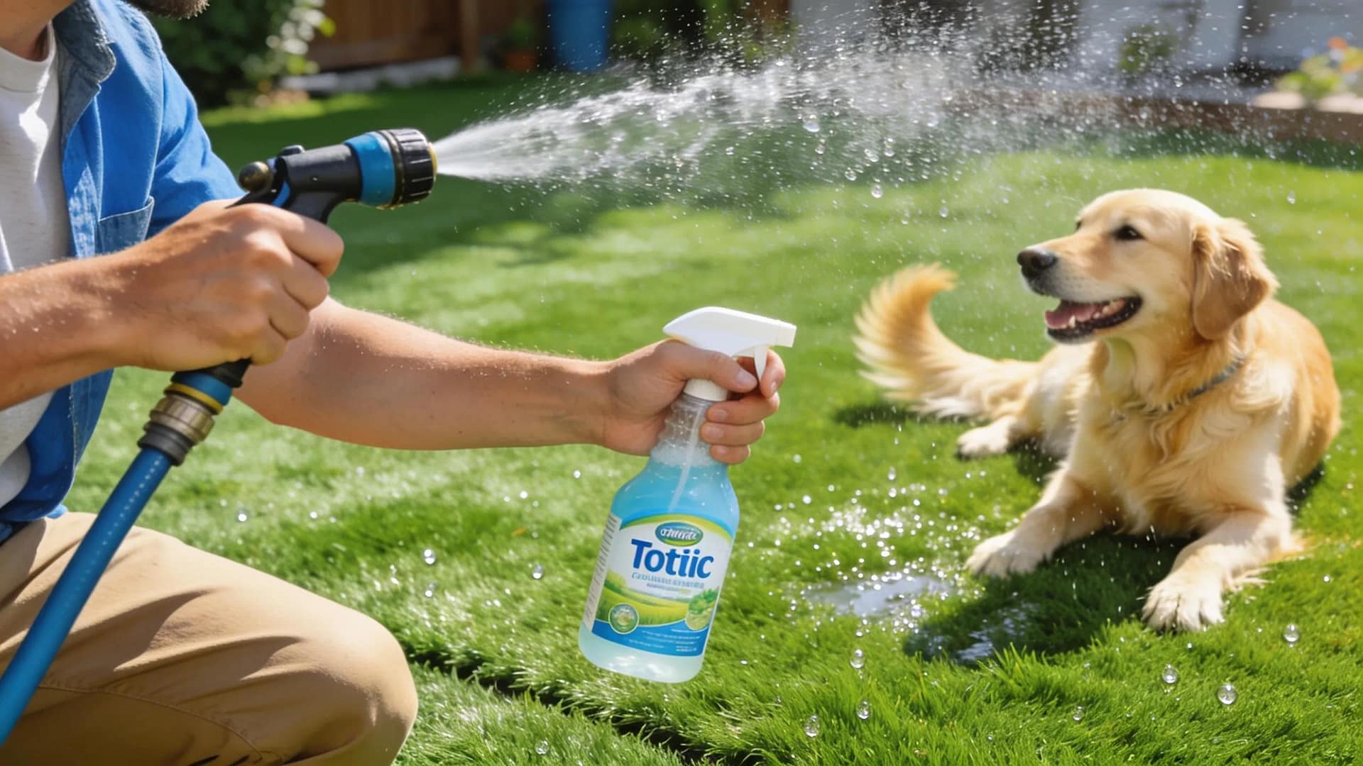Pet owner cleaning artificial grass in a backyard with a happy dog