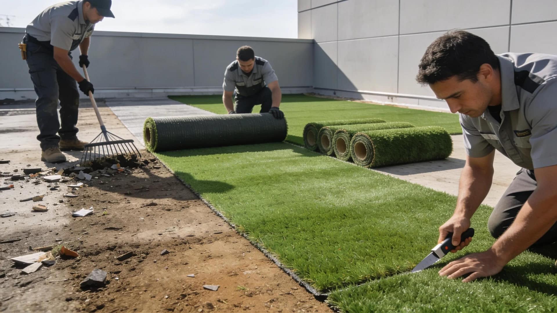 Professionals installing synthetic turf showcasing the installation process