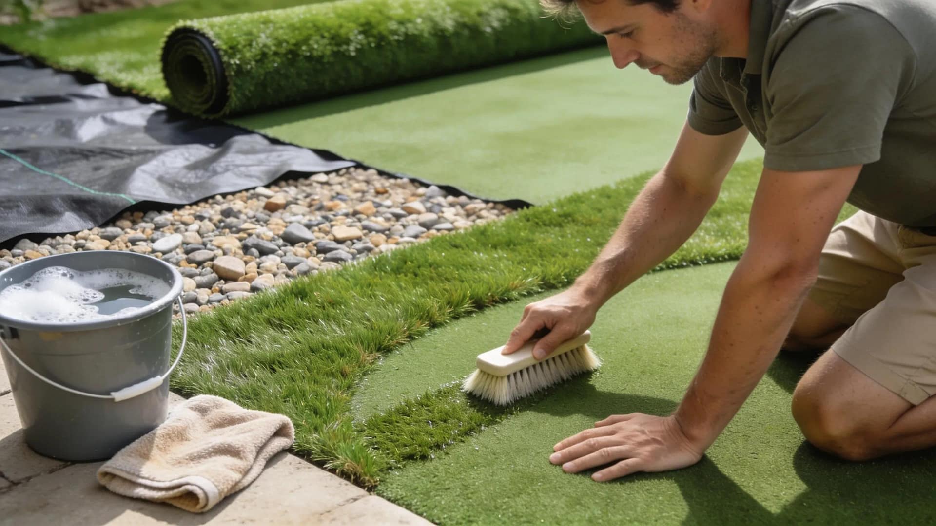 Homeowner maintaining a pet-friendly putting green, emphasizing effective cleaning and upkeep practices for synthetic turf