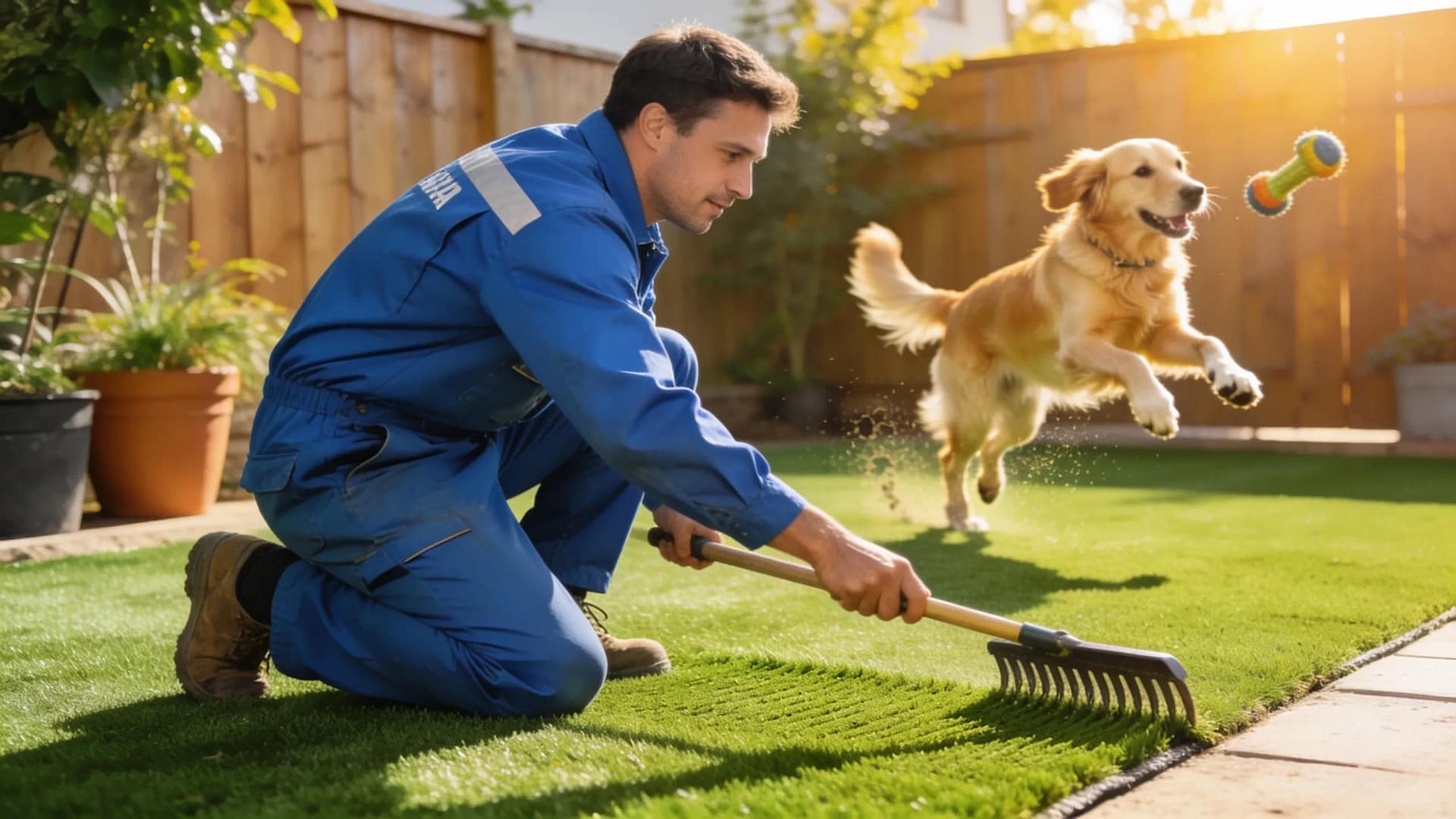 Landscaping contractor maintaining pet-friendly artificial turf for commercial properties