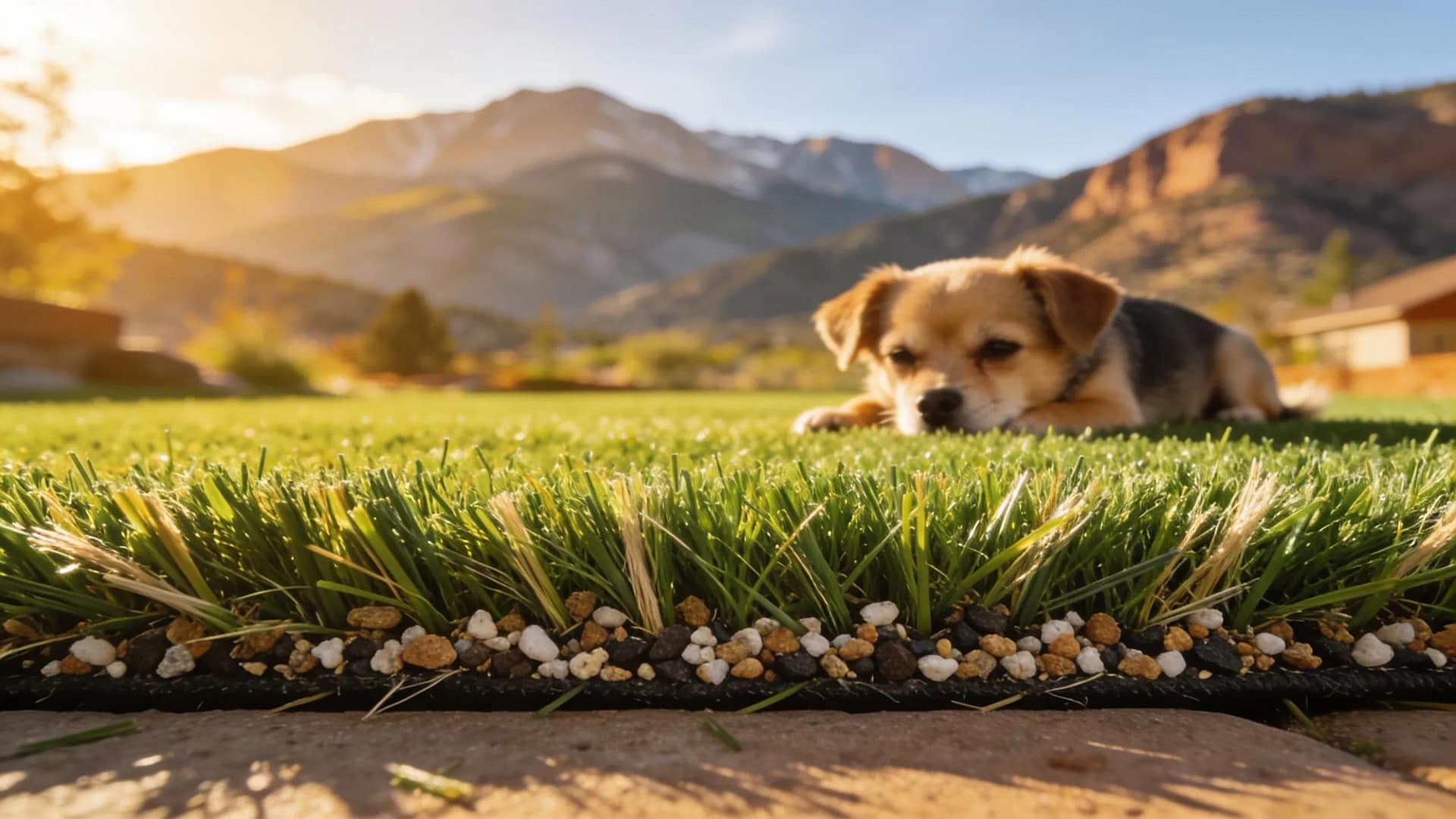 Close-up of durable synthetic turf in Colorado, highlighting pet safety features and low maintenance