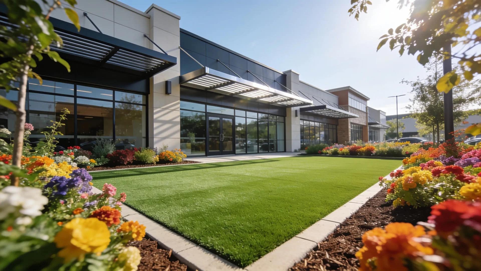 Immaculate commercial property lawn with artificial grass and flowers attracting tenants