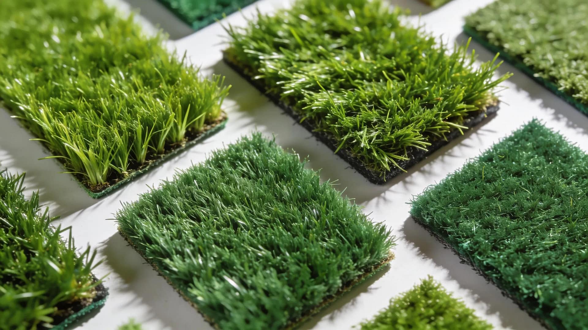 Samples of polyethylene and polypropylene artificial turf showcasing various pile heights and soft textures for durability and performance