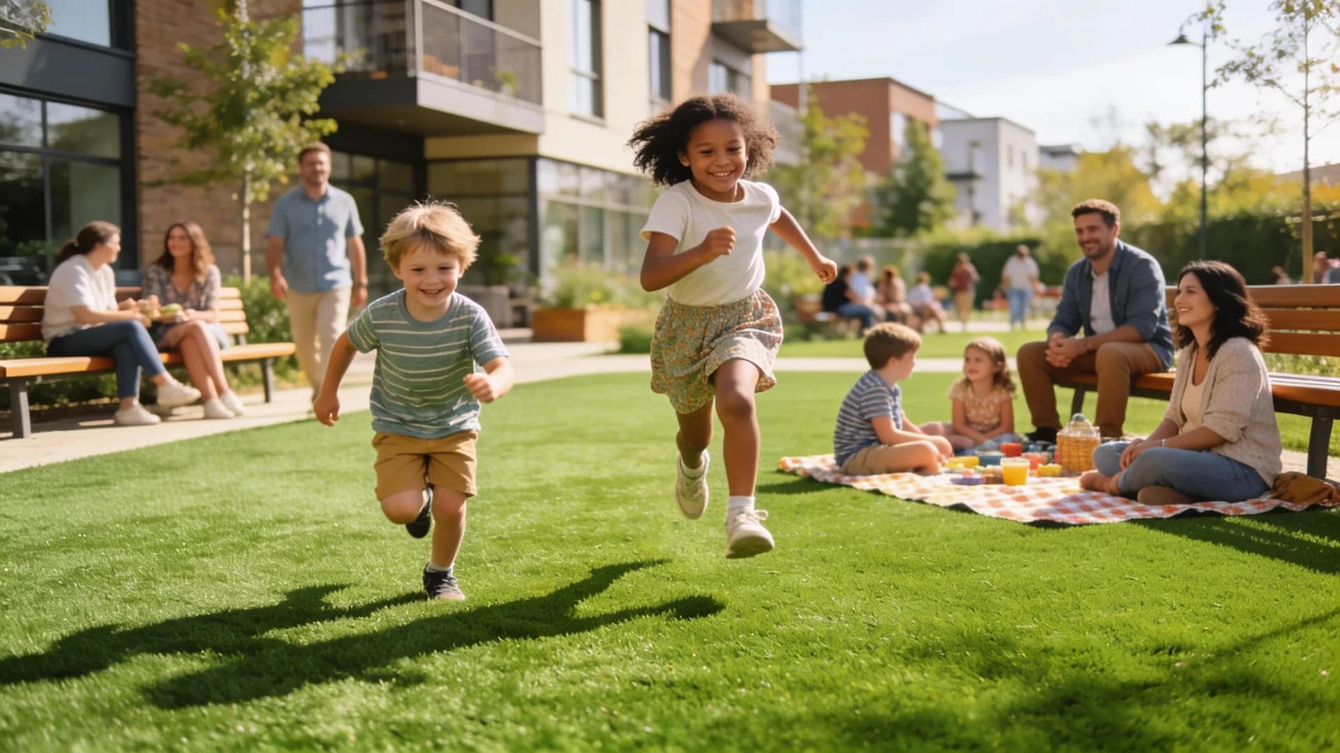Families enjoying a commercial space with durable artificial turf, illustrating long-term ROI benefits