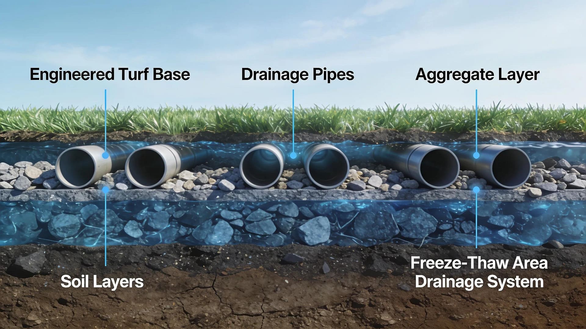 Cross-section view of drainage systems for synthetic turf installations in freeze-thaw zones