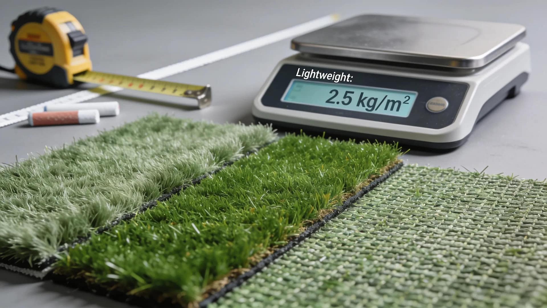 Samples of lightweight synthetic turf materials for rooftop installation.