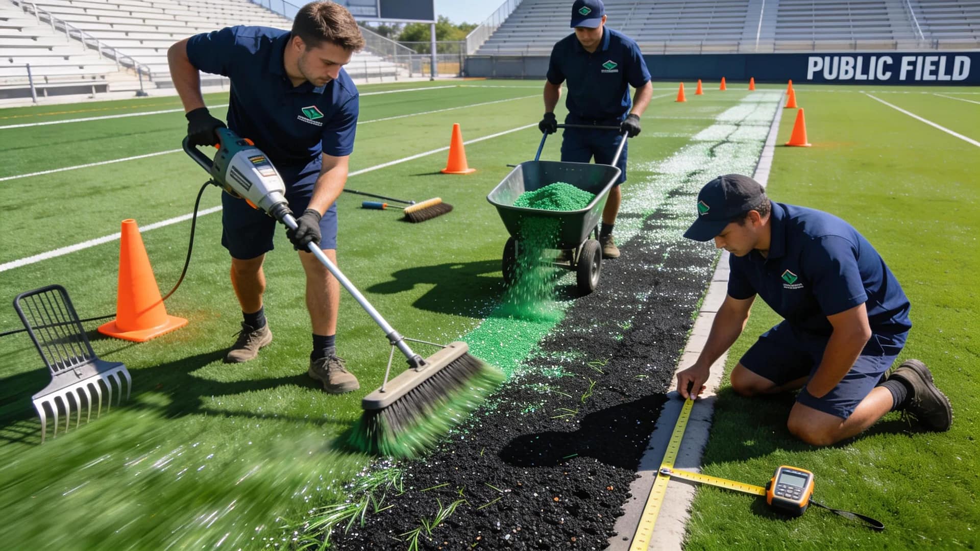 Contractors performing maintenance on synthetic turf to ensure quality and longevity