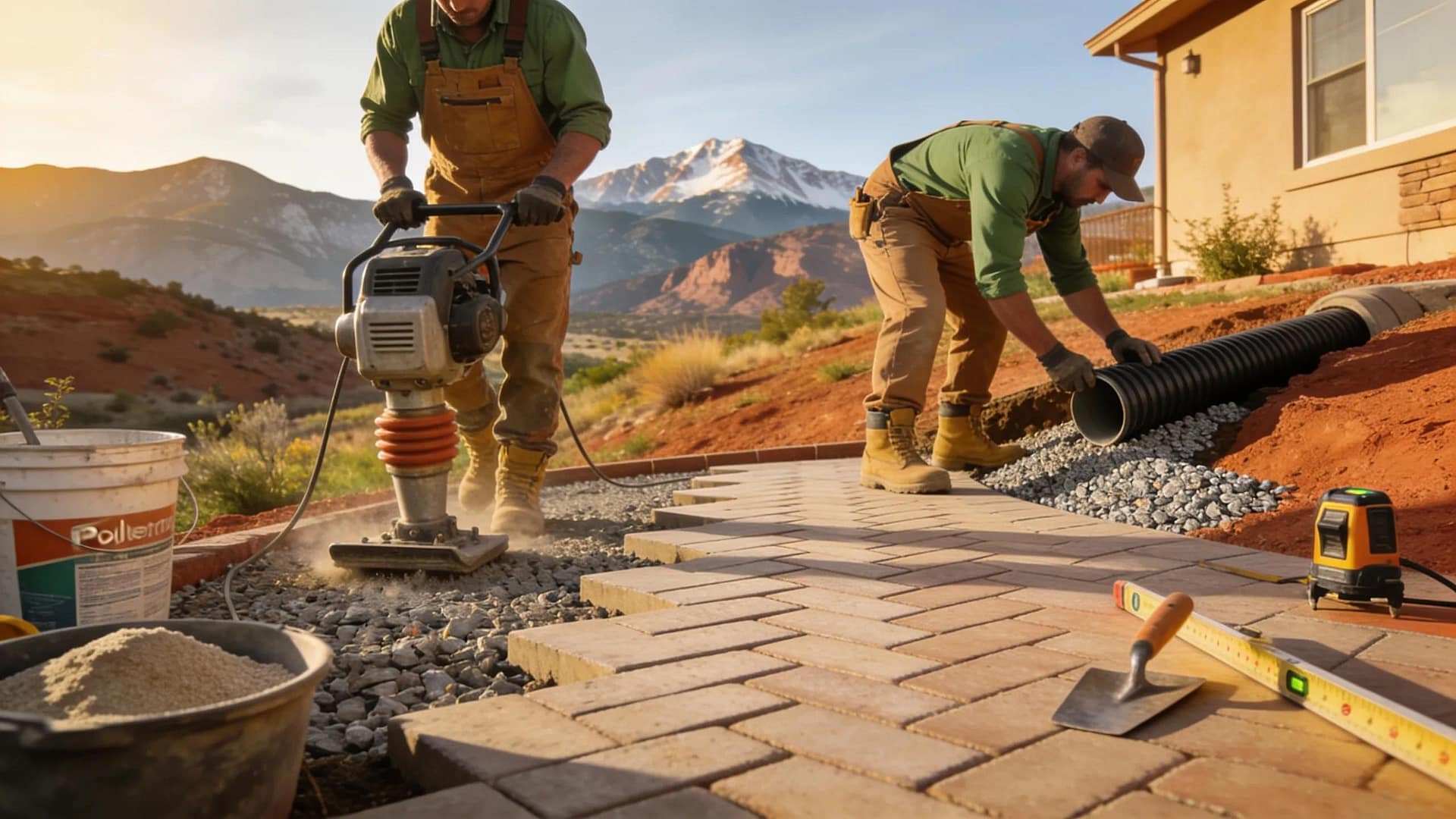 Installation of patio pavers showcasing expert techniques and professional tools in Colorado Springs