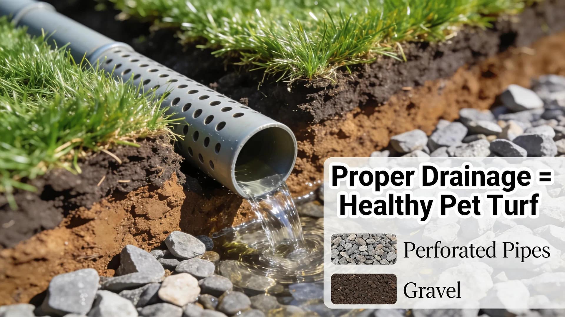 Overview of effective drainage solutions for pet turf, showcasing drainage systems and materials