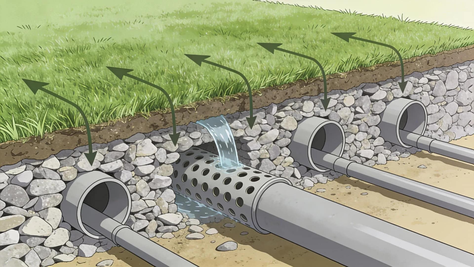 Cross-section of drainage system under synthetic turf showing pipes and gravel.