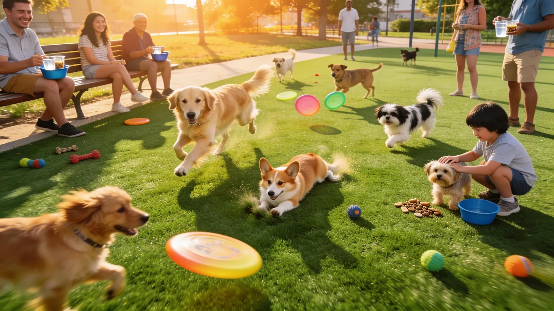 Dogs playing on pet-friendly artificial turf in a community park, illustrating the benefits of durability and comfort for pet owners
