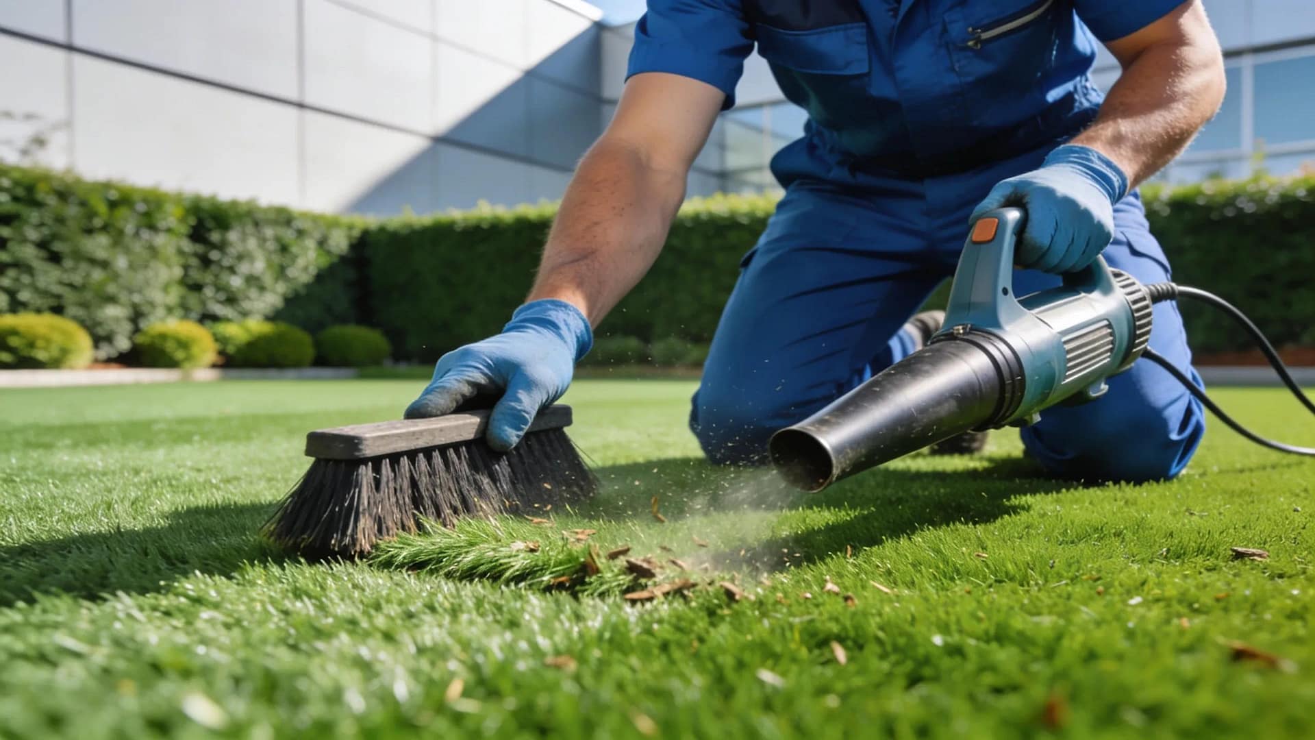 Professional performing maintenance on synthetic turf to ensure longevity