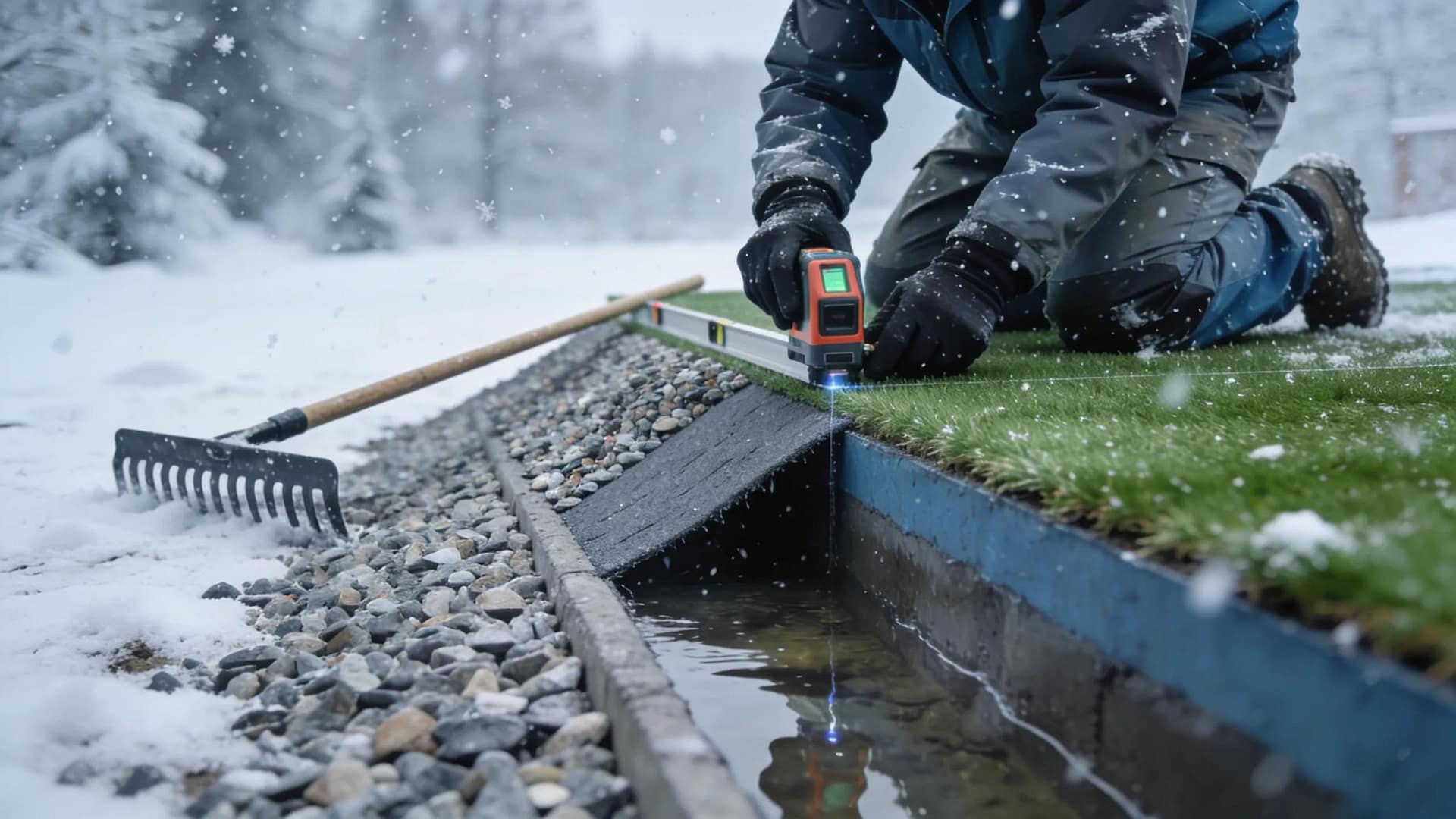 Professional installing synthetic turf, showing winter base preparation and drainage solutions