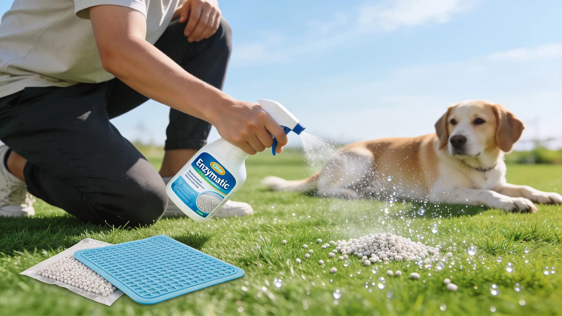 Illustration of odor control methods for artificial pet grass, featuring enzymatic cleaners and antimicrobial materials