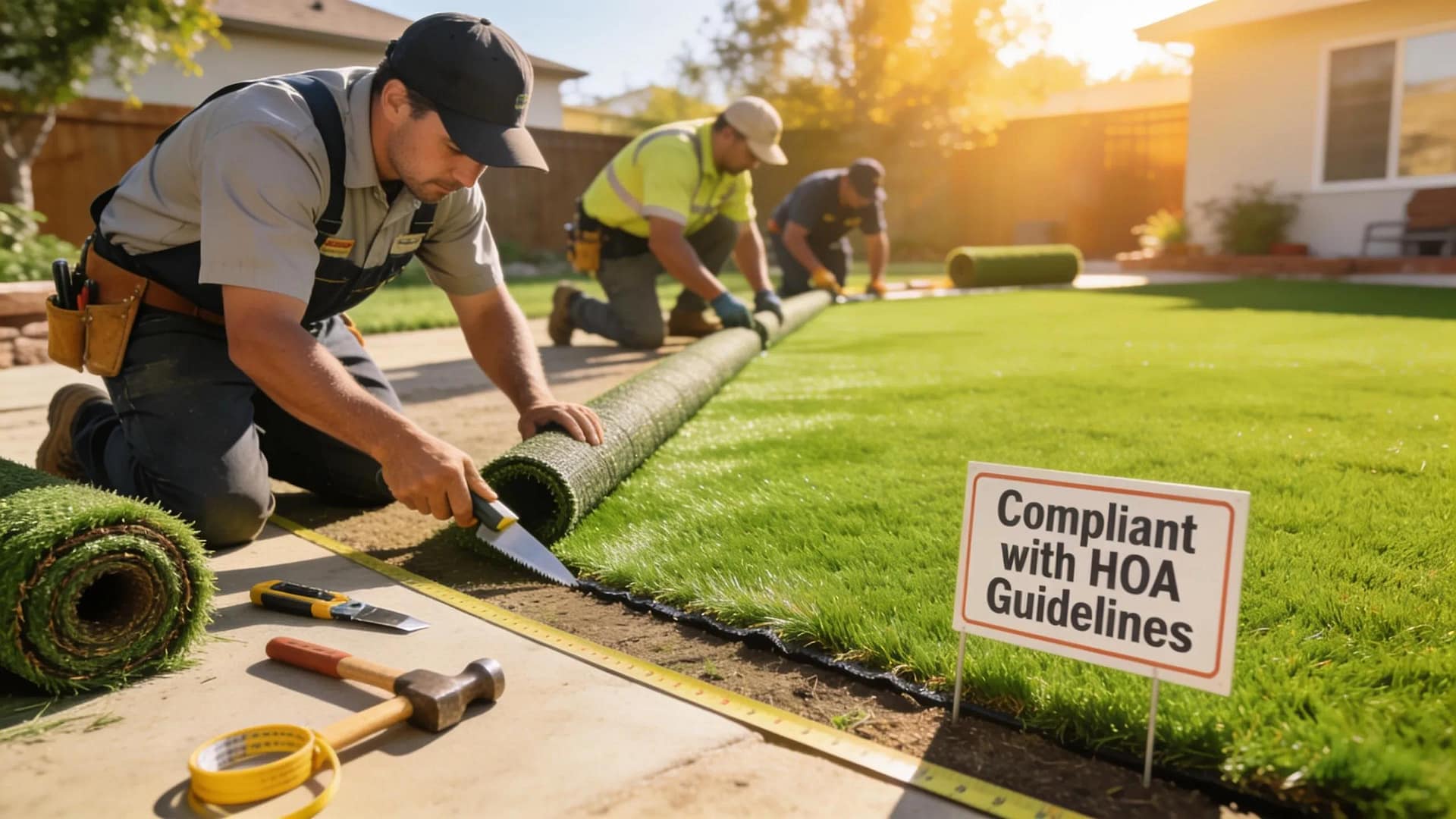 Professional landscapers installing artificial turf in a residential backyard, demonstrating quality workmanship and compliance with HOA standards