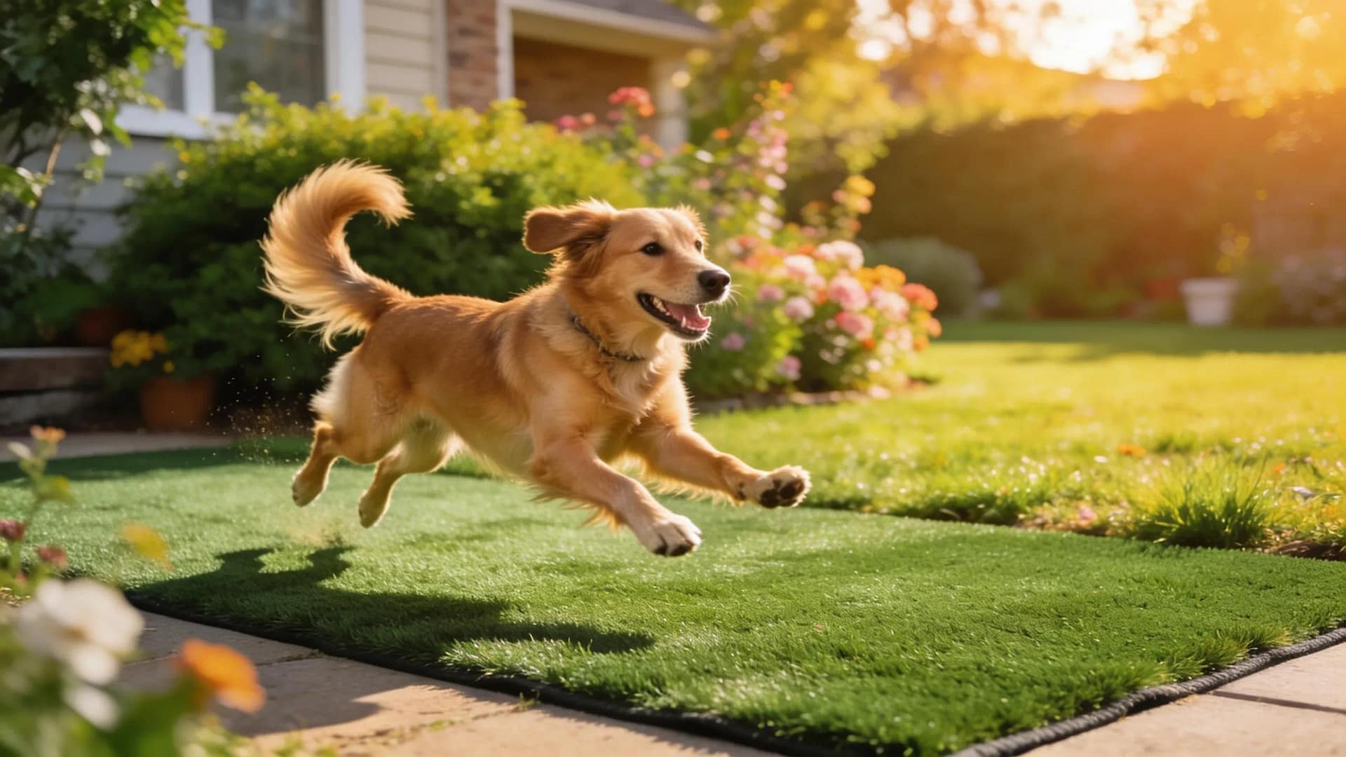 Happy dog playing on pet-friendly synthetic turf, highlighting durability and enjoyment in a landscaped yard