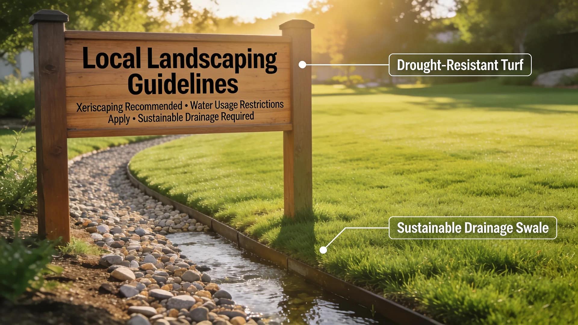 Drought-resistant turf varieties and sustainable drainage solutions in a compliant commercial property landscape