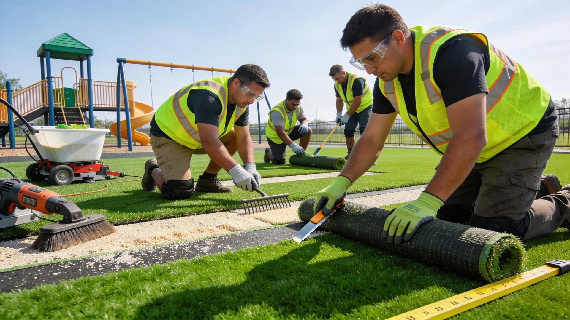 Professional team installing synthetic turf, showcasing teamwork and attention to safety standards