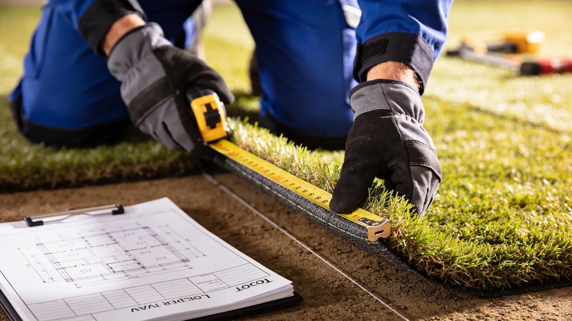 Contractor inspecting turf installation for compliance with local regulations in El Paso County