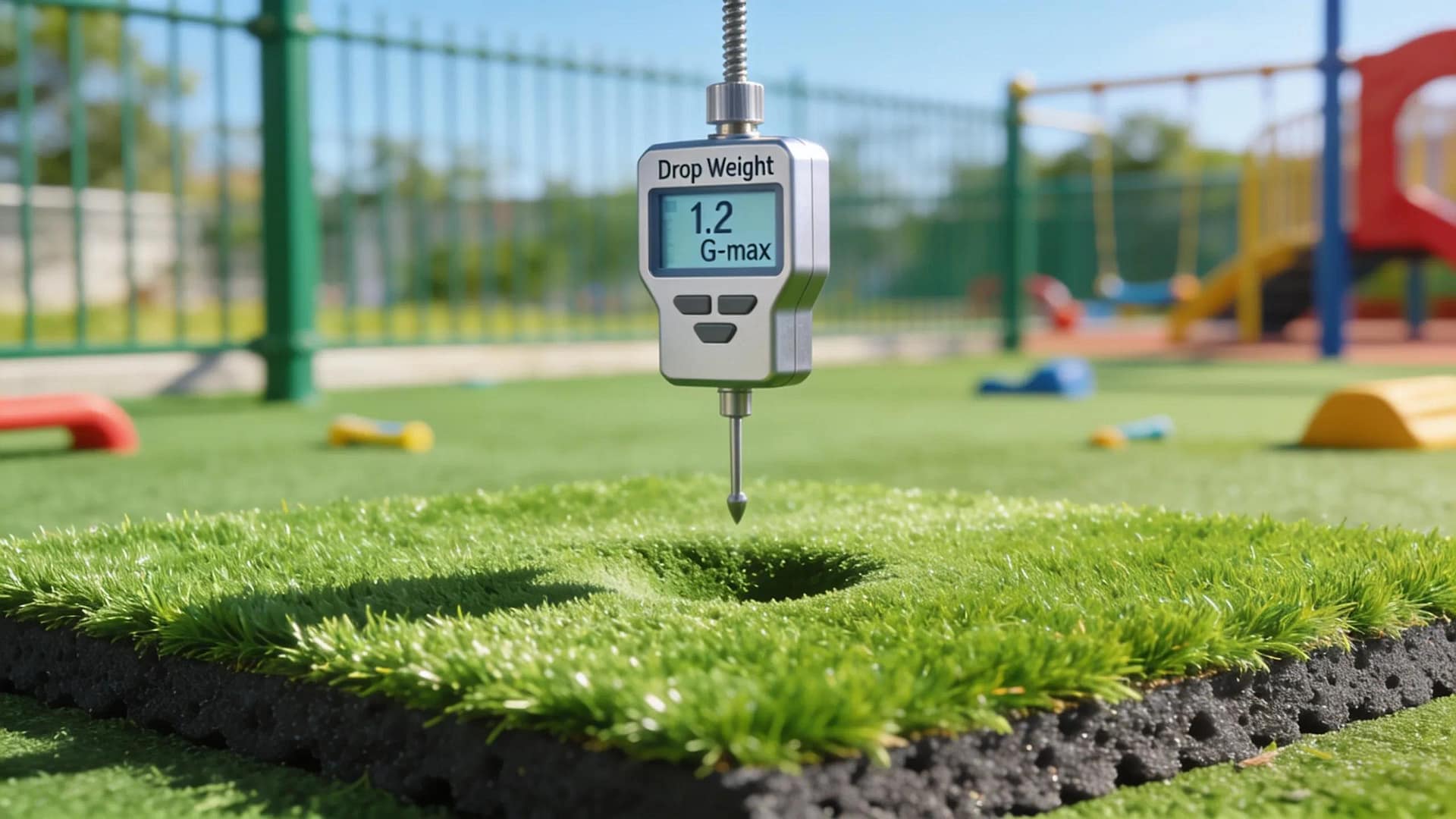 Close-up of artificial playground turf demonstrating impact attenuation features for child safety