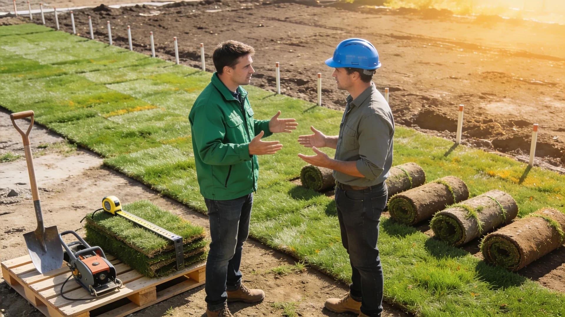 Landscaper collaborating with a subcontractor on turf installation strategies at a construction site, emphasizing teamwork in landscaping