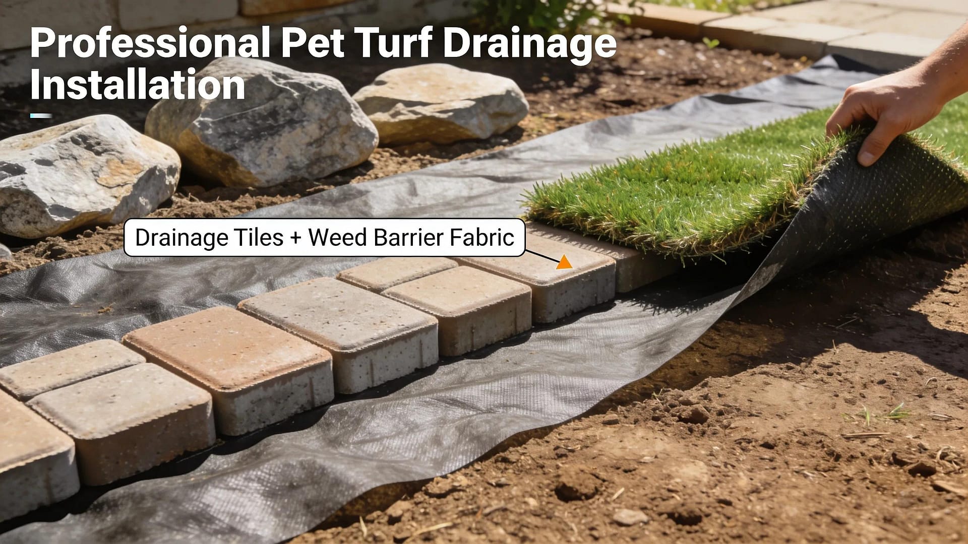 Drainage solutions for pet turf installation on granite soils, featuring drainage tiles and weed barriers
