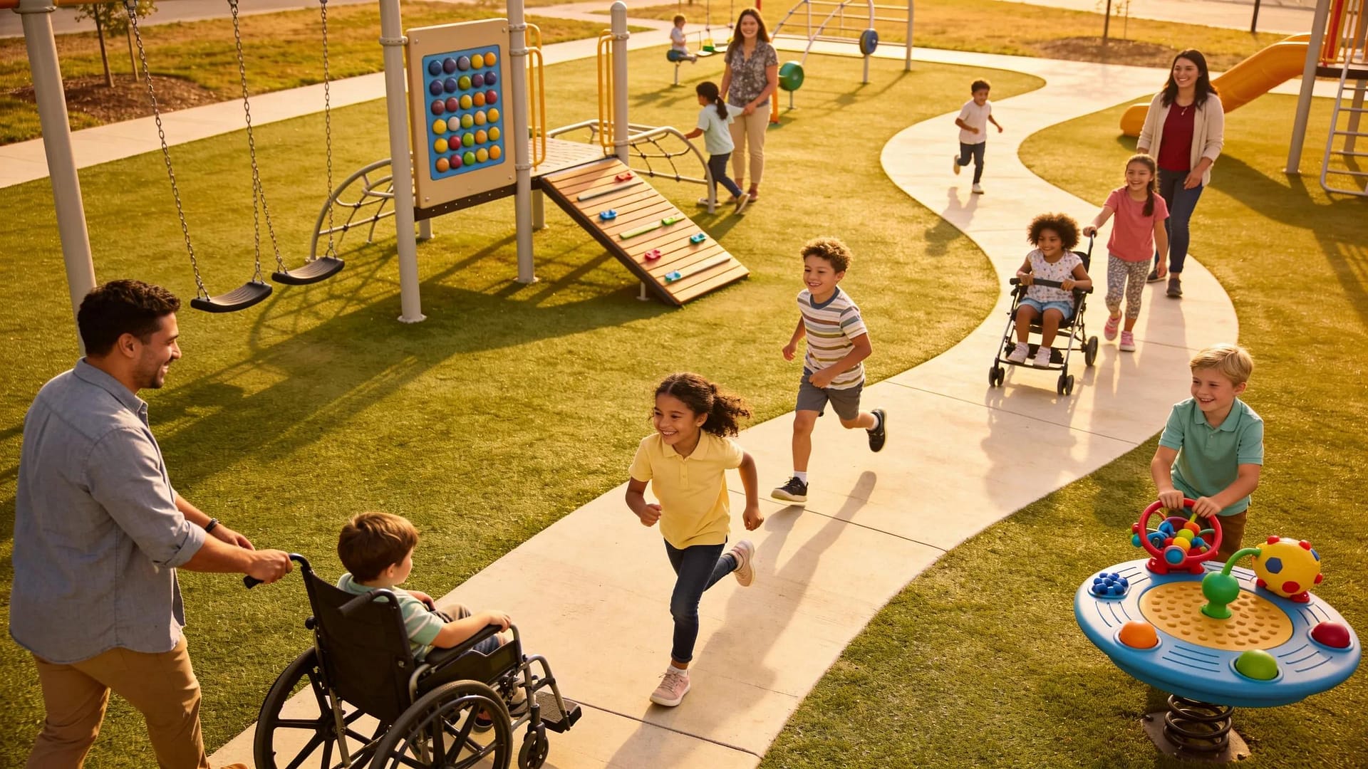 ADA-compliant playground surfaces supporting children of all abilities engaging in play