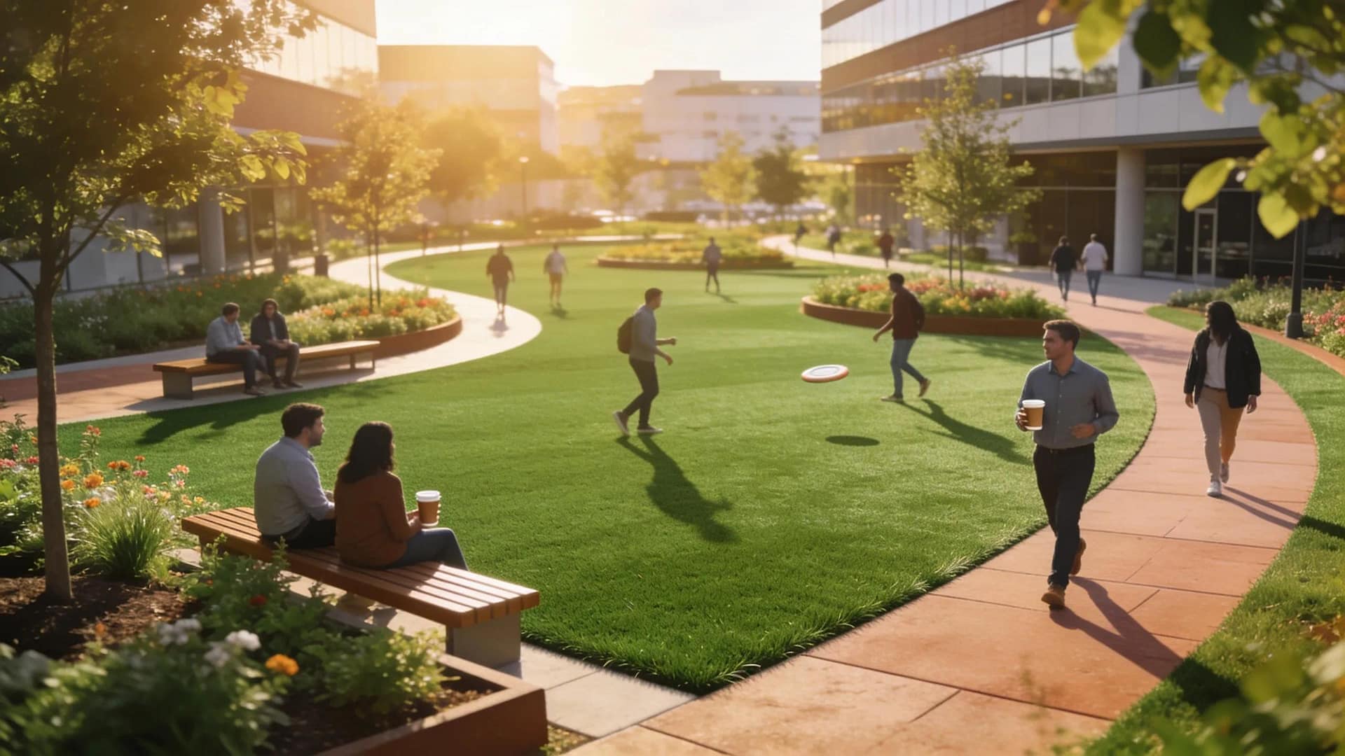 Business park with attractive artificial turf enhancing property aesthetics and employee satisfaction