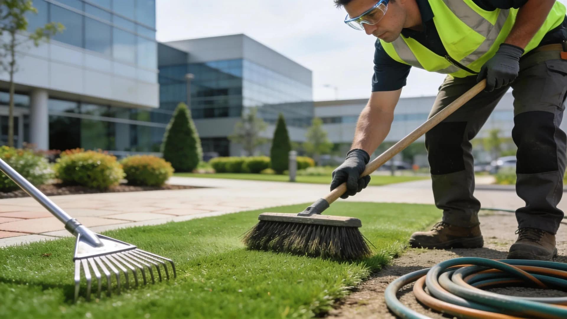 Maintenance professional caring for artificial turf in a commercial landscape