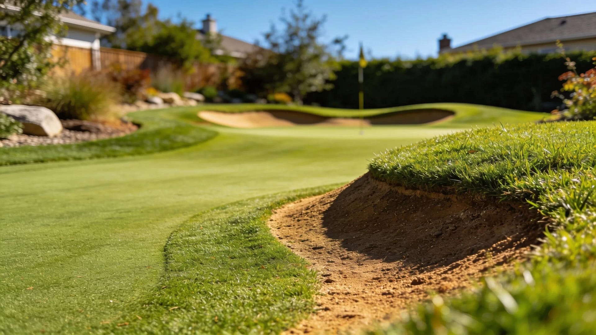 Close-up of elevation contours on a custom backyard putting green, showcasing design elements for playability