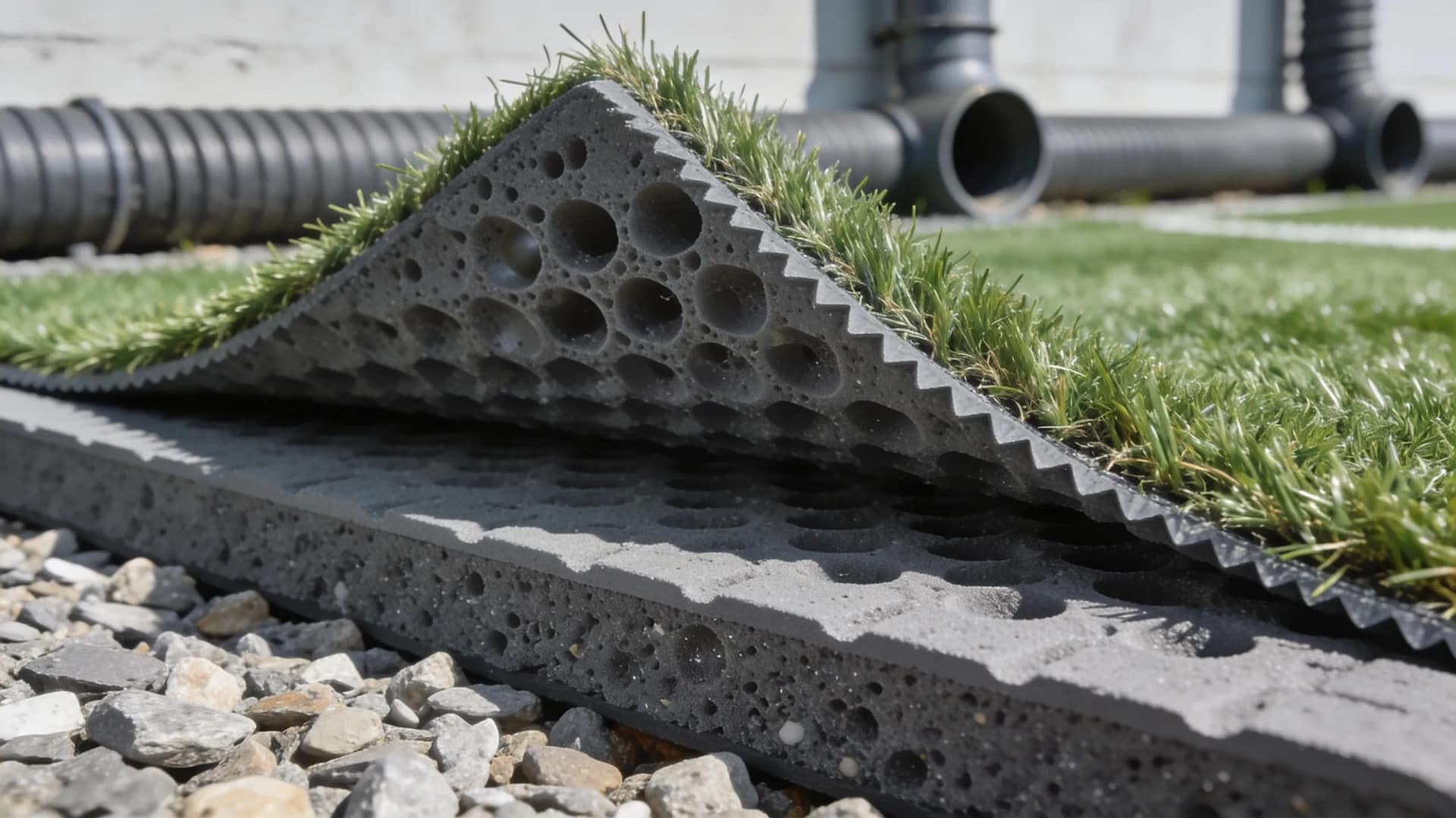 Close-up of a shock pad under synthetic turf, illustrating its structure and importance in athletic safety