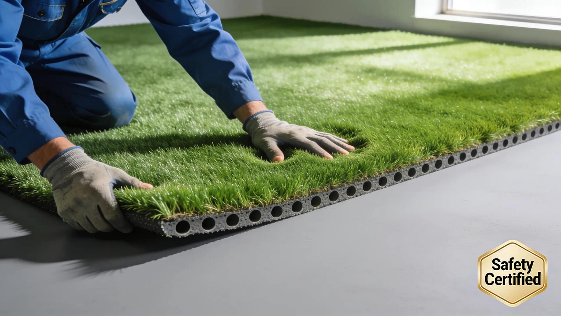 Expert analyzing high-quality synthetic turf with emphasis on safety features and compliance
