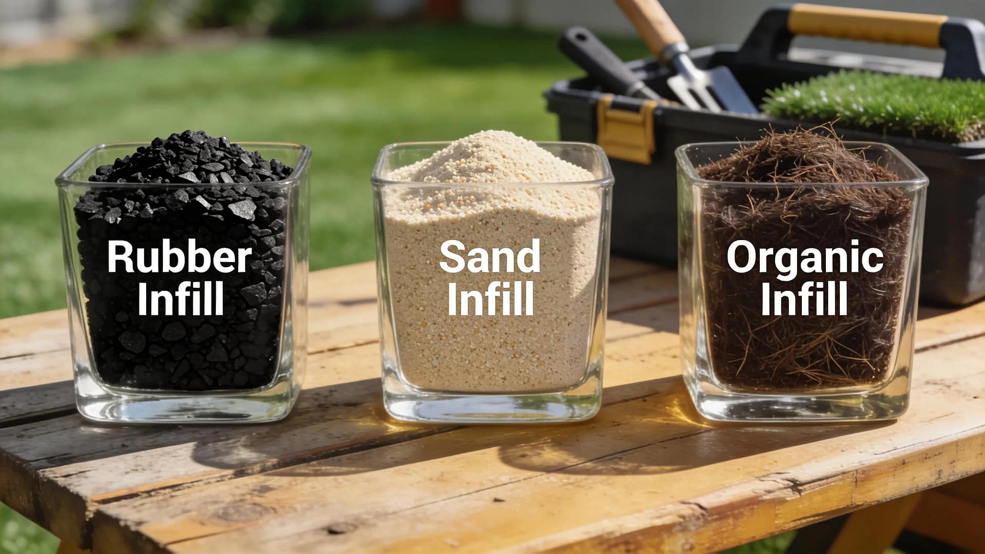 Comparison of turf infill materials including rubber, sand, and organic options, highlighting their distinct characteristics