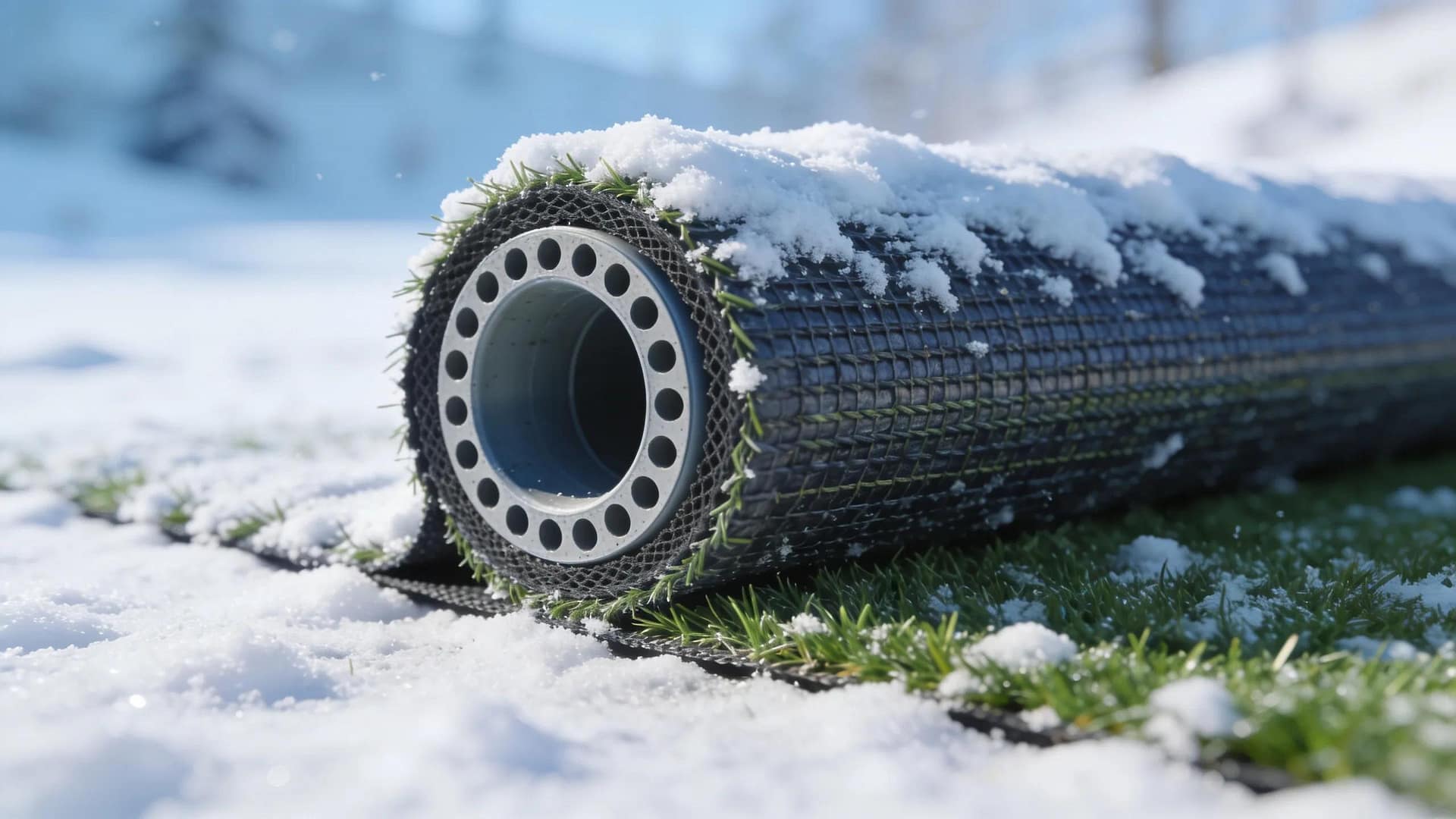 Close-up of an integrated drainage system under artificial turf