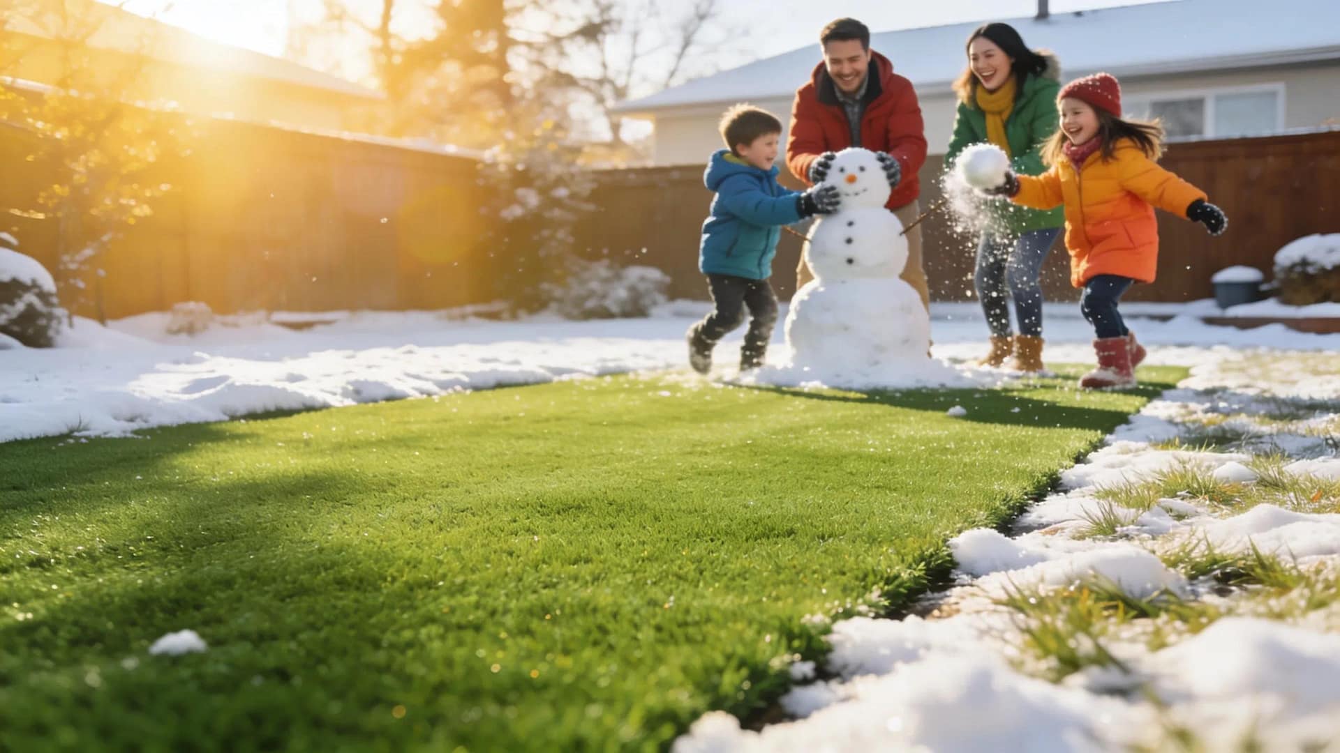 Family enjoying time on artificial turf in winter, highlighting the benefits of low-maintenance landscaping solutions.
