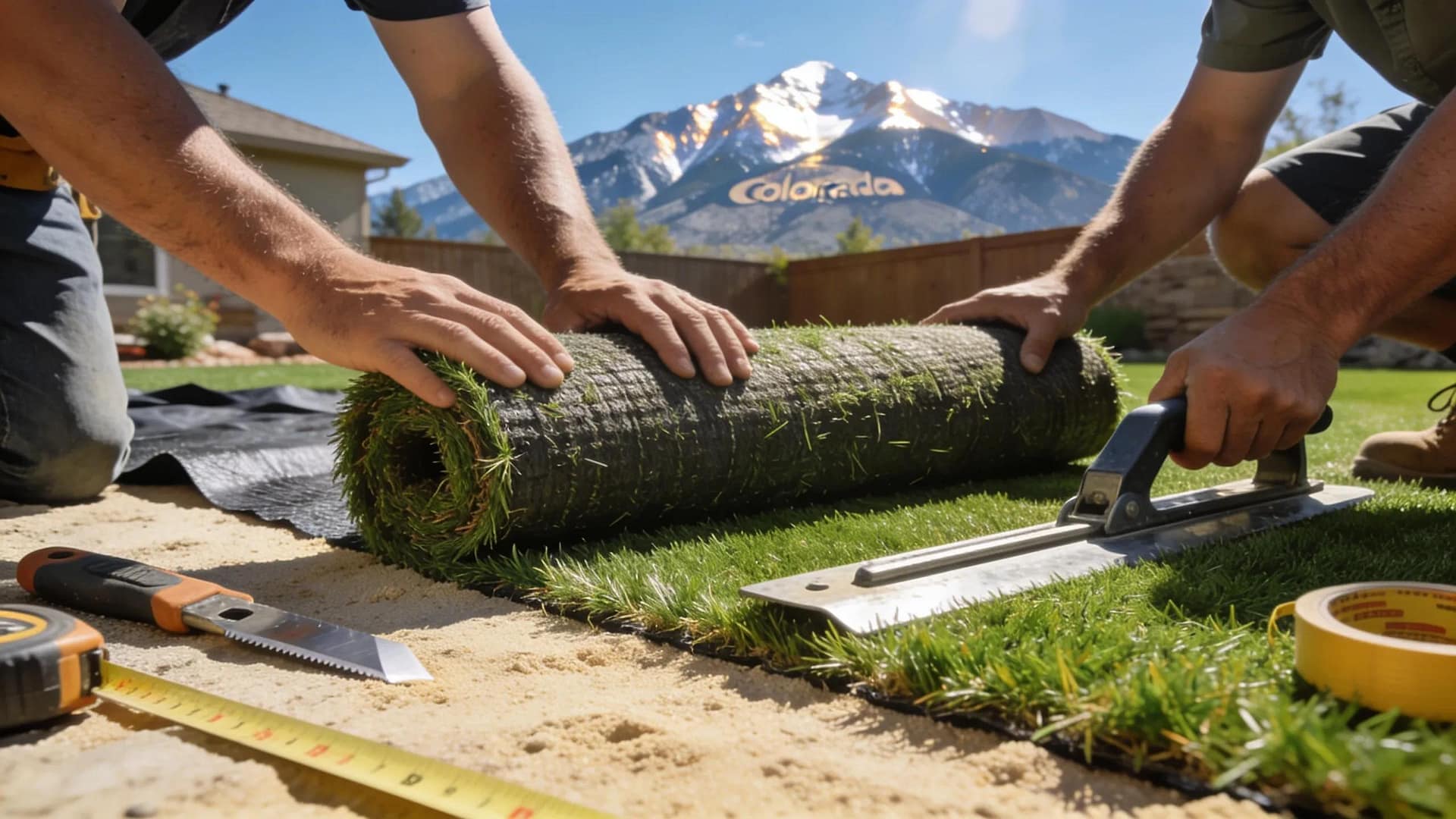 Installation team working on artificial turf in a Colorado backyard for holiday preparations.