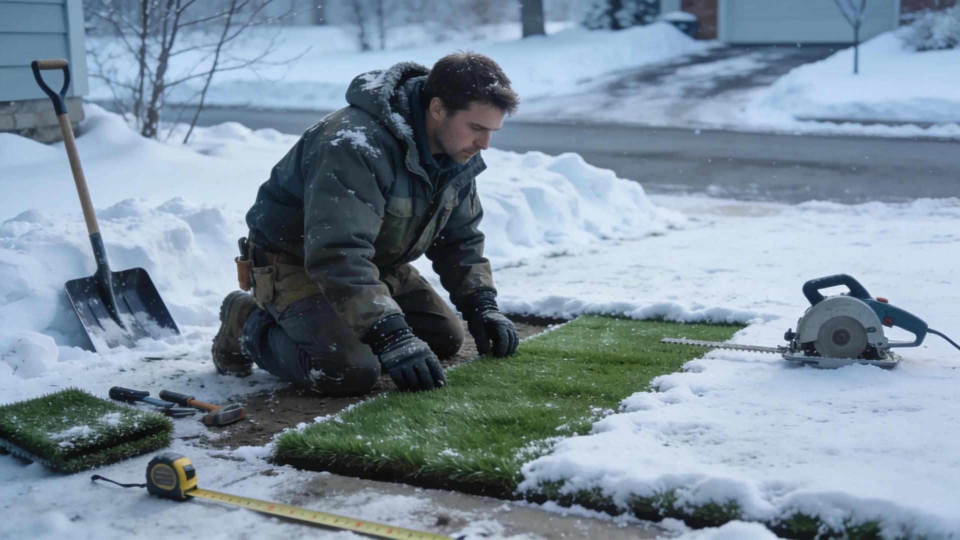 Landscape contractor navigating winter challenges while inspecting an artificial turf installation amidst snow.