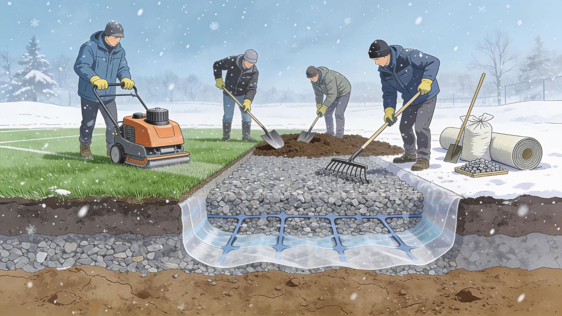 Installation of capillary breaks for frost heave prevention