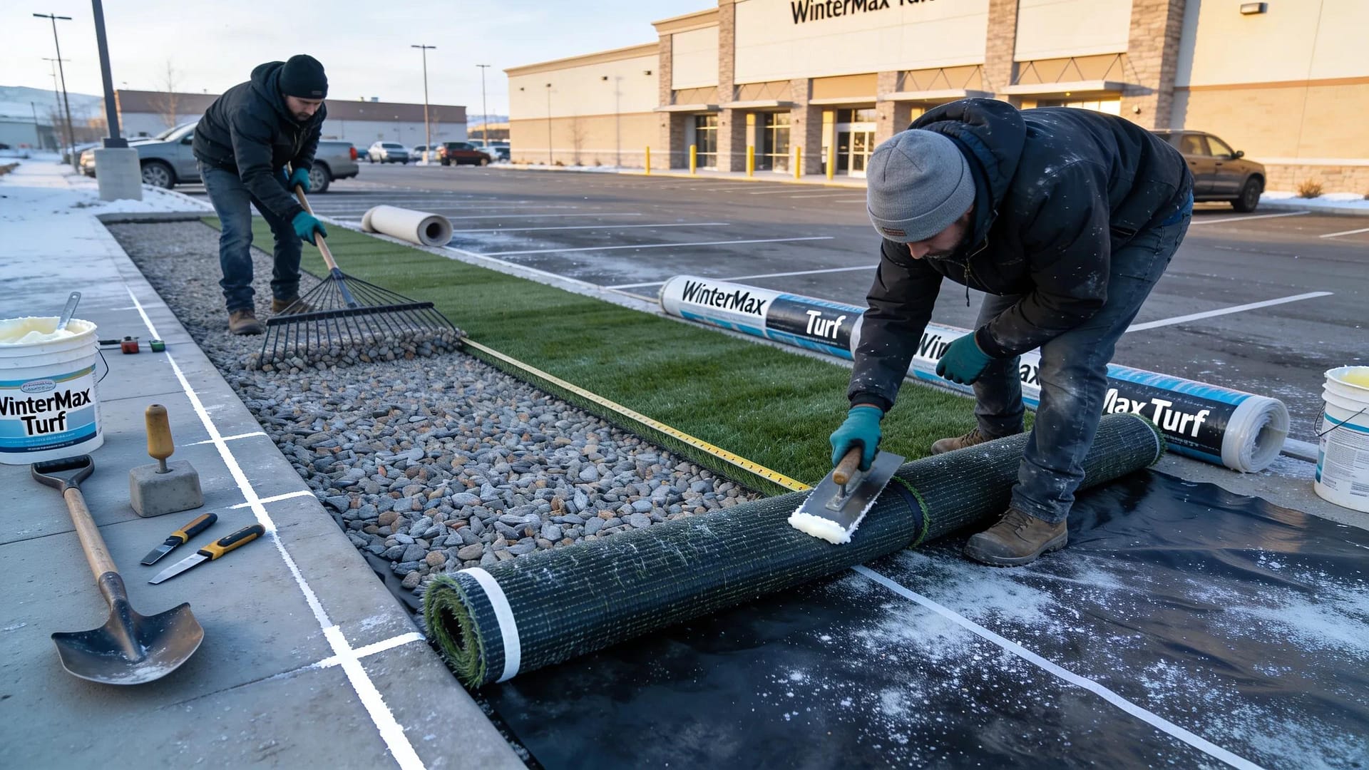 Workers installing commercial synthetic turf with focus on winter preparation techniques
