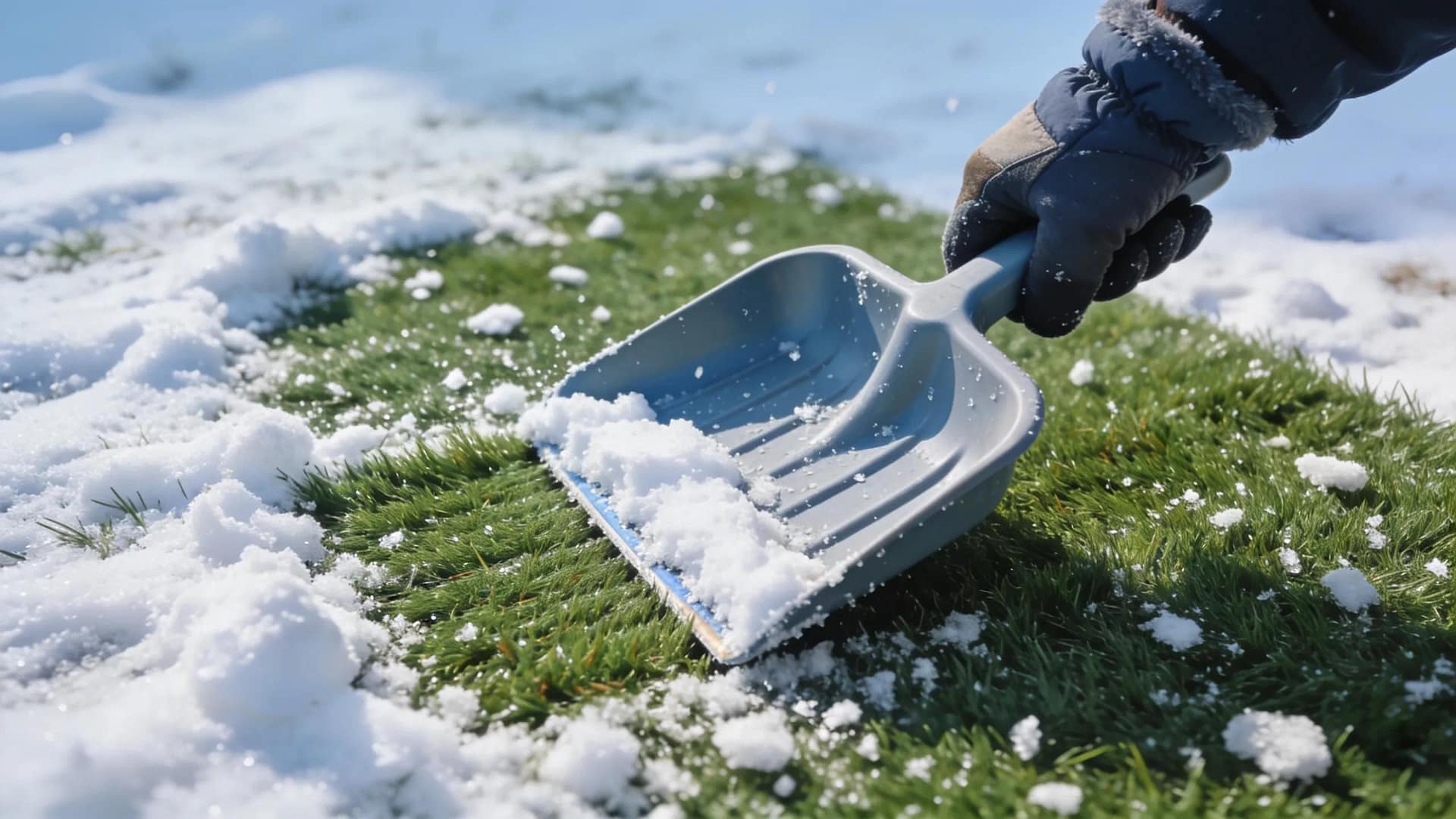 Person removing snow from artificial dog turf to maintain it during winter