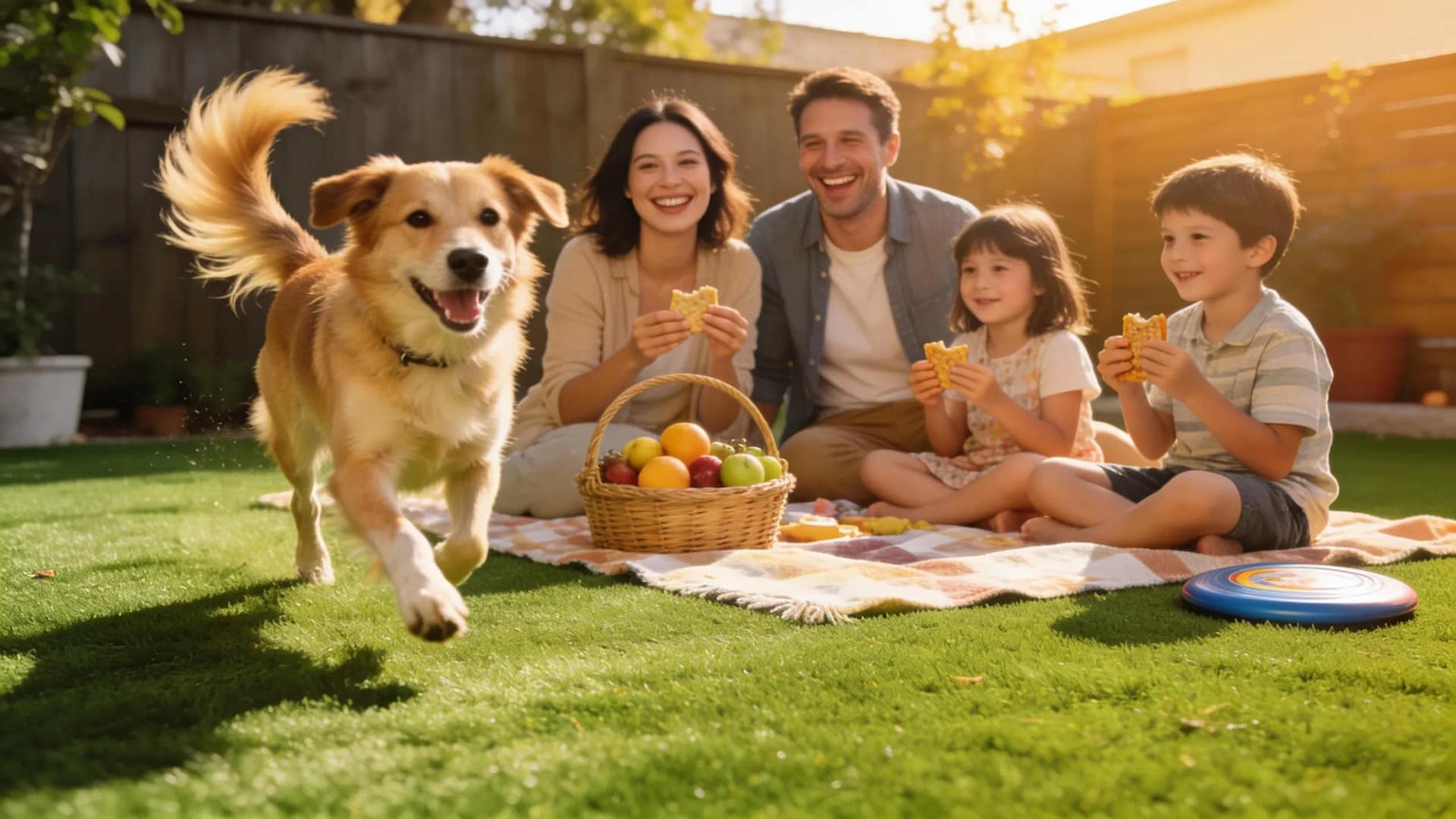 Dog playing on artificial turf in a family-friendly backyard during holiday festivities.