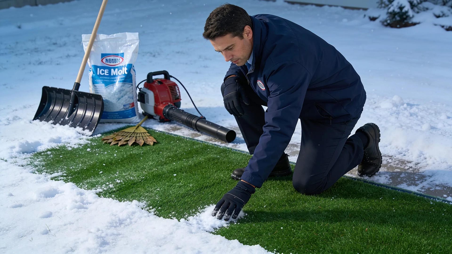 Property manager performing winter maintenance on commercial artificial turf to ensure longevity