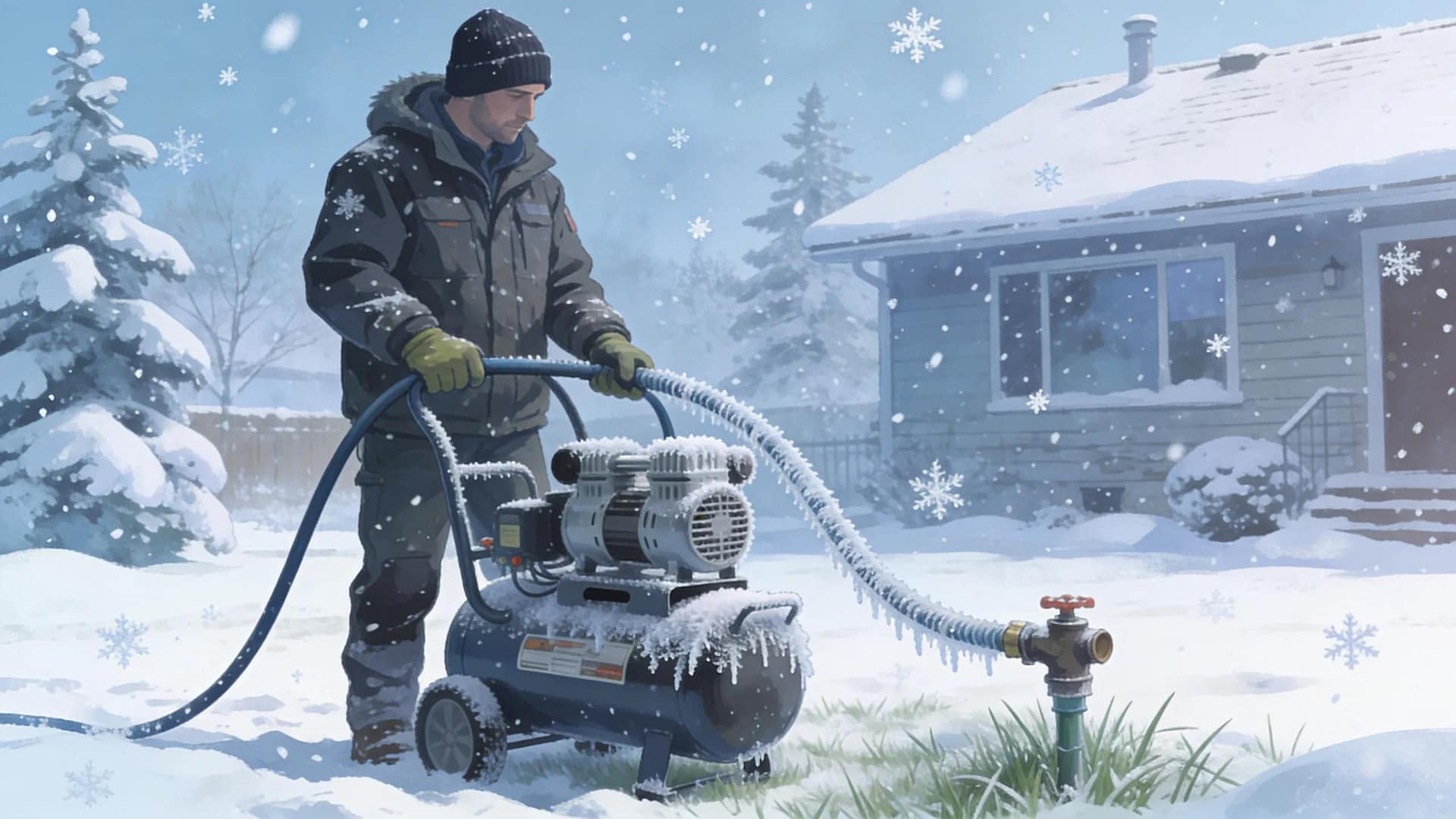 Technician performing a sprinkler blowout service in snowy Colorado winters